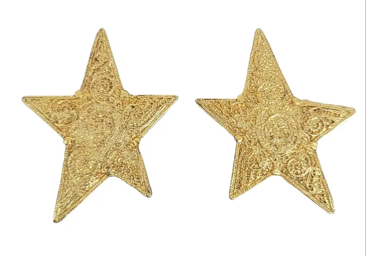 Gold Tone Designer Style Textured Star Clip-On Earrings,  K143