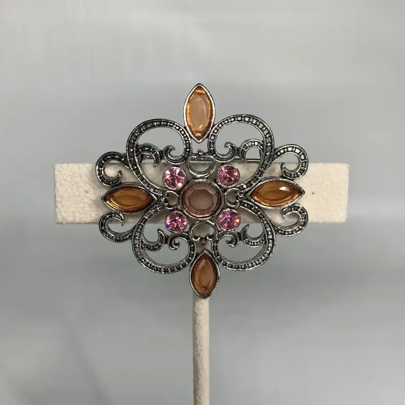 Silver Tone Rhinestone Brooch Pin Pink Amber Retro Classic Elegant Vintage