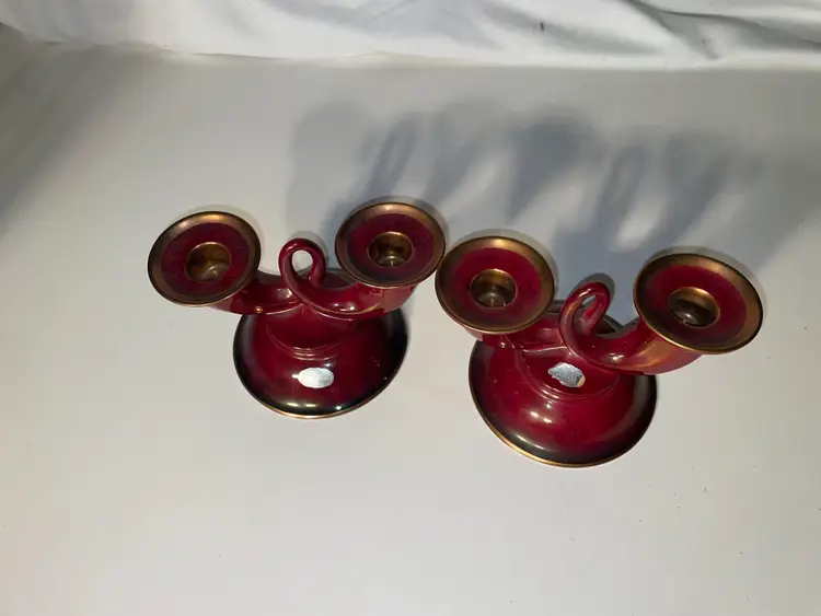 Carlton Ware Rouge Royale Double Candle Holder Red & Gold Vintage