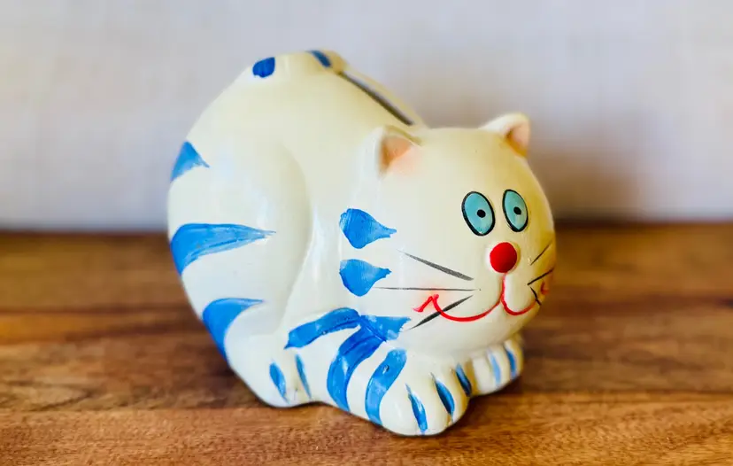 #01 - Blue and White Hobbyist Painted Cat Kitten Piggy Bank 4"X4"x5"