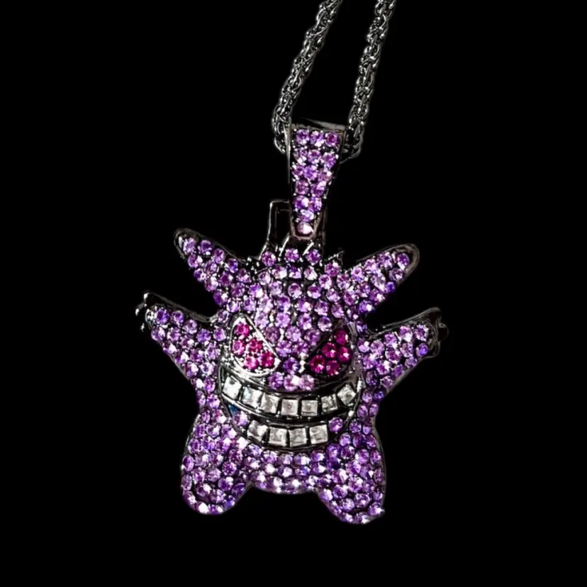 Purple Gengar Style Crystal  Pendant With 20" Rope Chain Iced Out Bling Jewelry