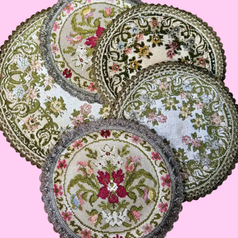 5 PC Vintage Hand Embroidered Tapestry Brocade Doily Mats, Floral Motifs, READ