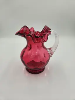 #B68 Fenton Cranberry Dot Pitcher with Clear Handle