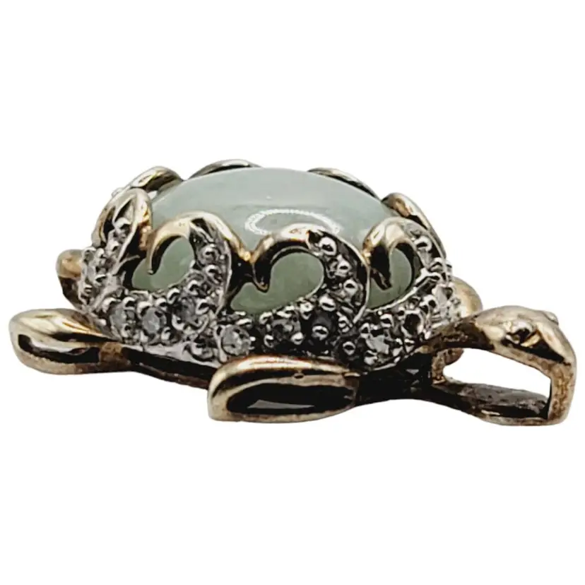 Sterling Silver 925 Vermeil Turtle Necklace Pendant Natural Jadeite and Moissanite