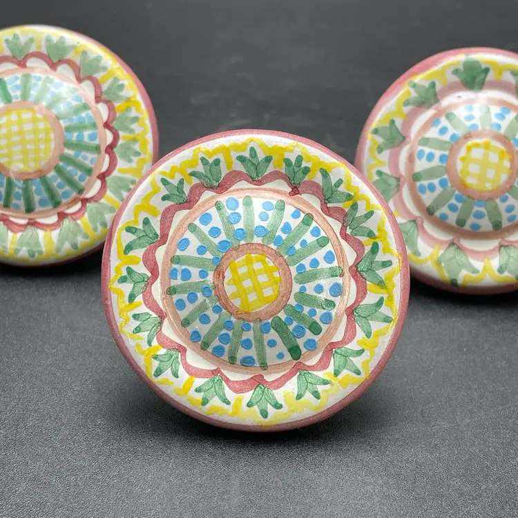 MacKenzie Childs Madison Knob Drawer Pulls Hand Painted Terra Cotta VTG Set of 5 Cottagecore