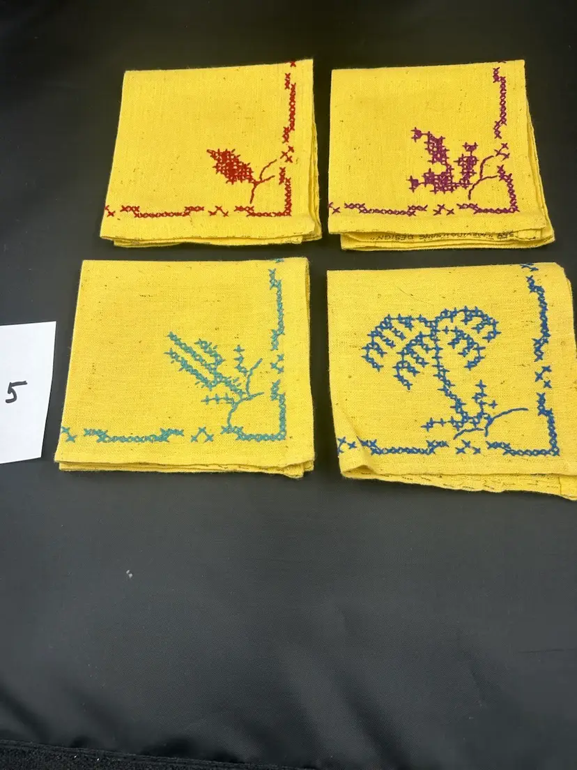 4 Vintage Hand Embroidered Yellow “ Mexican Song Design” Napkins