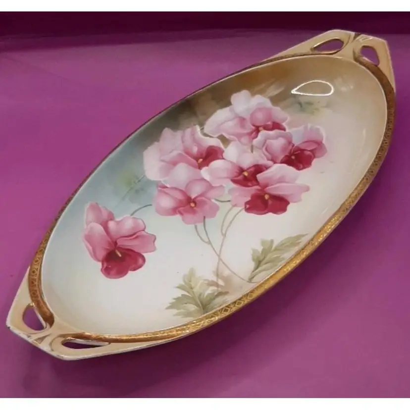 Vintage RS Germany Oval Dish with Pink Pansies