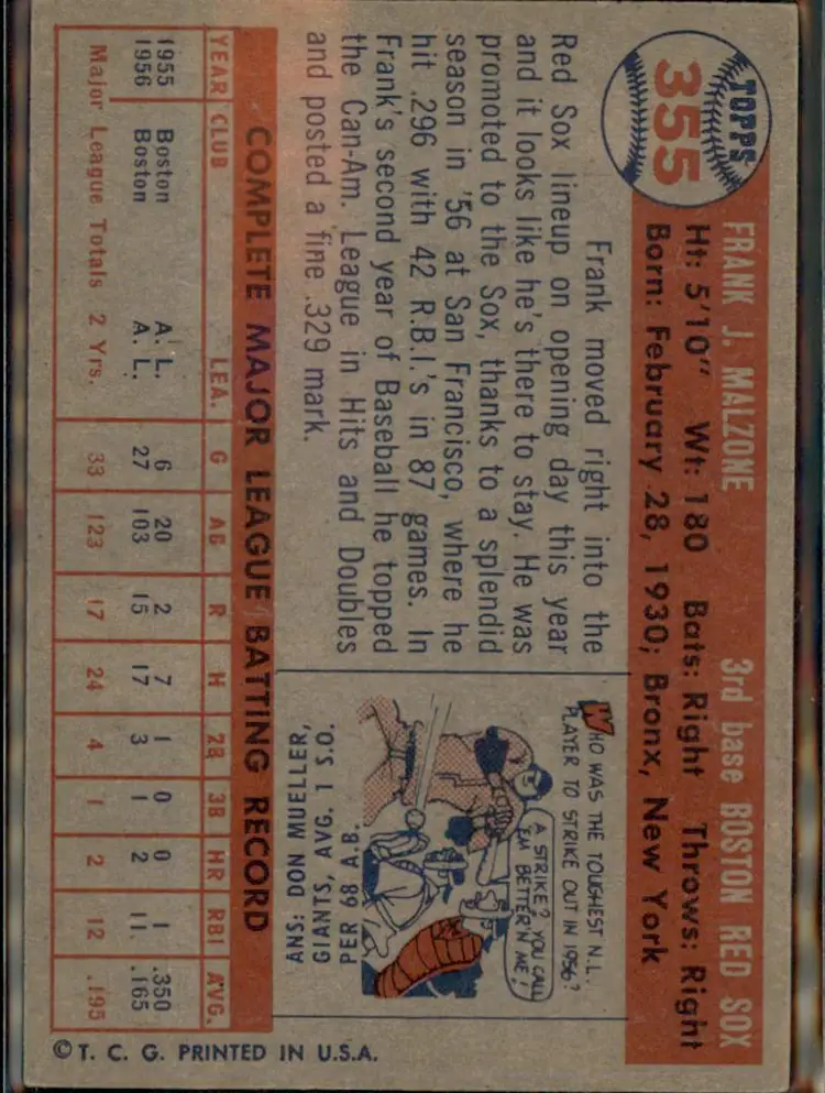 1957 Topps #355 Frank Malzone - (pk1) - Boston Red Sox
