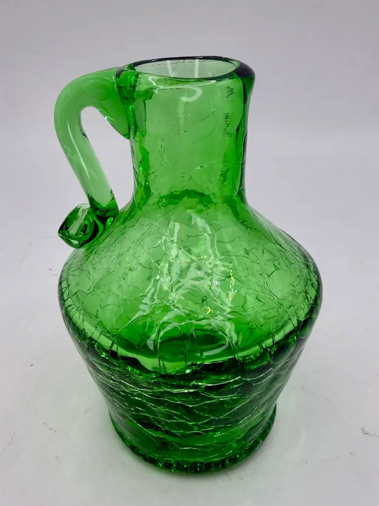 Vintage Green Crackle Glass Pitcher 4" Tall Hand Blown