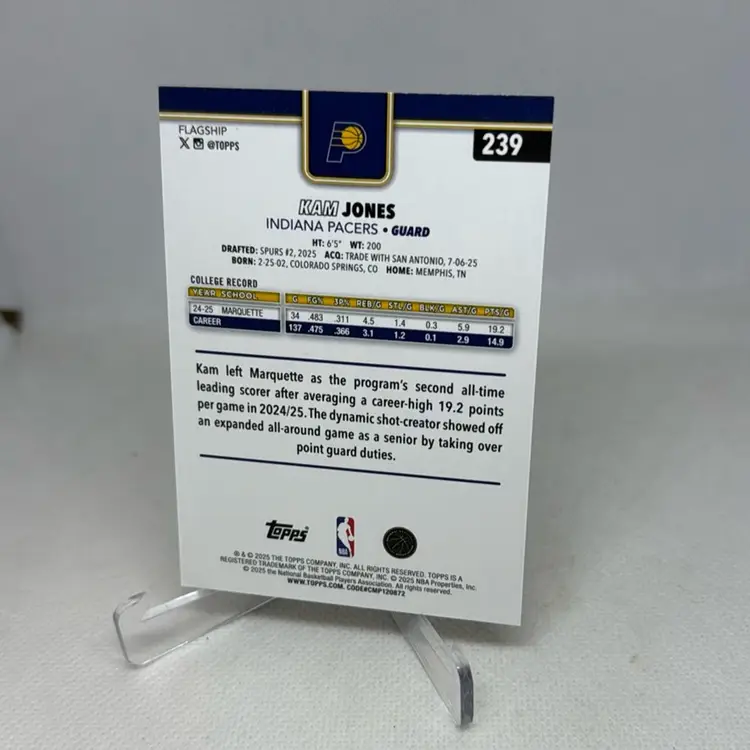 2025-26 Topps NBA Basketball Kam Jones #239 Rookie Rainbow Foil Indiana Pacers