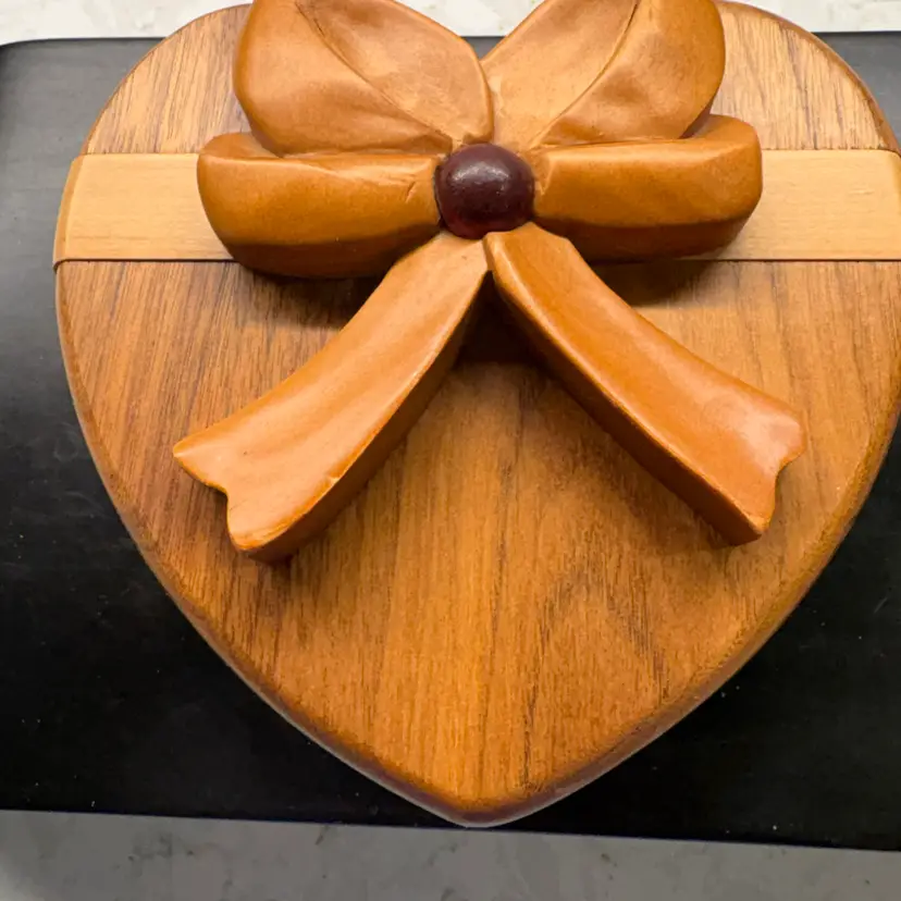 Vintage Wooden Heart Jewelry Box w/ Carved Bow Lid Handmade Trinket Keepsake