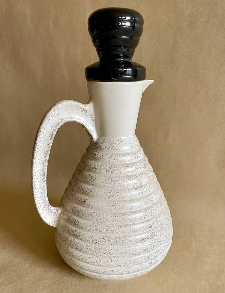 Vintage C Miller Ceramic MCM Kitchen Carafe Pitcher with Lid White Gold Black 1957