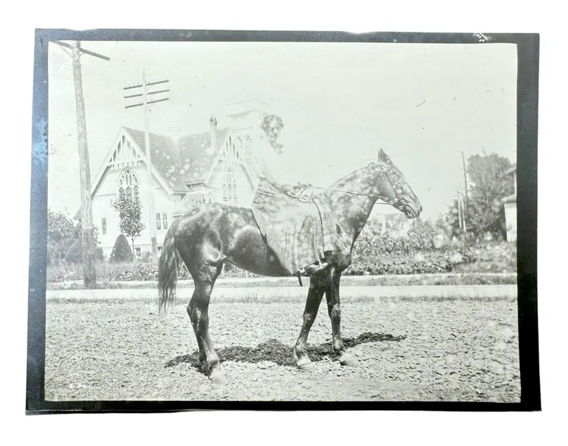 Vintage Black and White Photo Kodak Woman Riding Horse Church