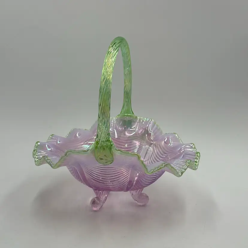 Fenton Footed Glass Pink Opalescent Rosemilk  Drape Basket Apple Green Handle