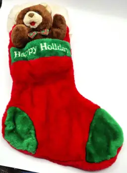 Vintage Bear Plush Happy Holiday Embroidered Stocking Red & Green