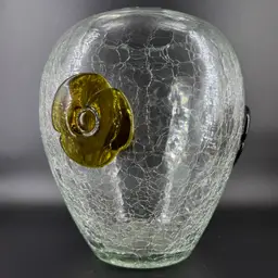 Blenko Crackle Glass Vase Applied Green Flowers