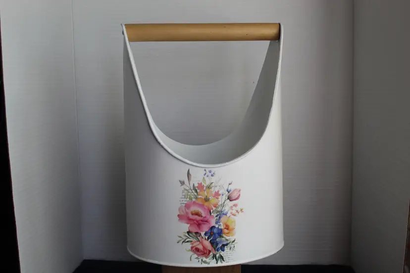 Shabby Chic Floral Metal Storage Tote with Wood Handle