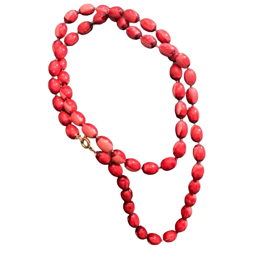 Vintage Costume Jewelry Necklace Gold Tone Metal And Acrylic Reddish Brown Slag Or Jasper Color Beads 