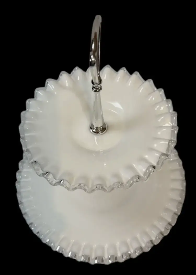 Vintage Fenton Art Glass Crimped Ruffle Silver Crest Tidbit Tray 2 Tier Tray