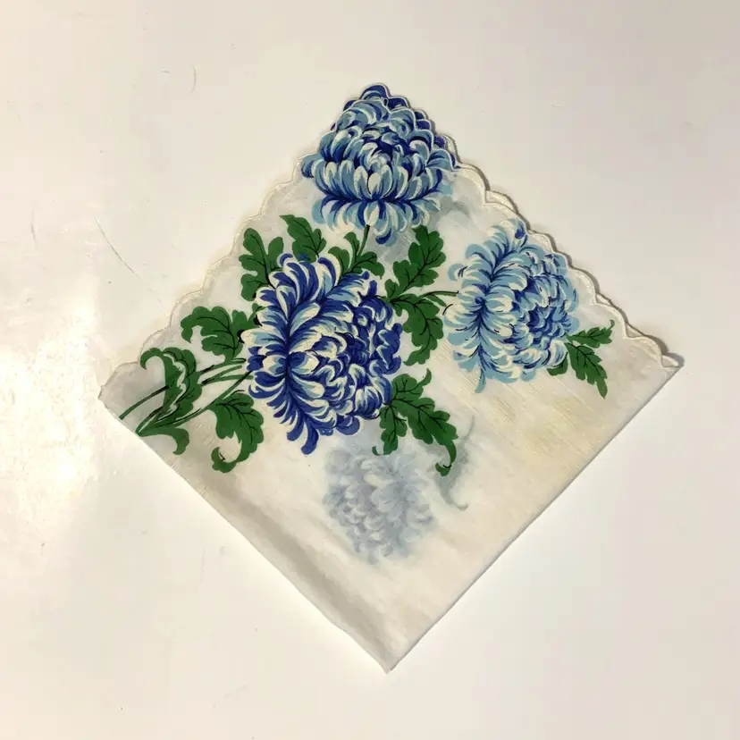 Chrysanthemum Floral Statement Wedding Handkerchief Something Blue Bride Cottage Core Vintage