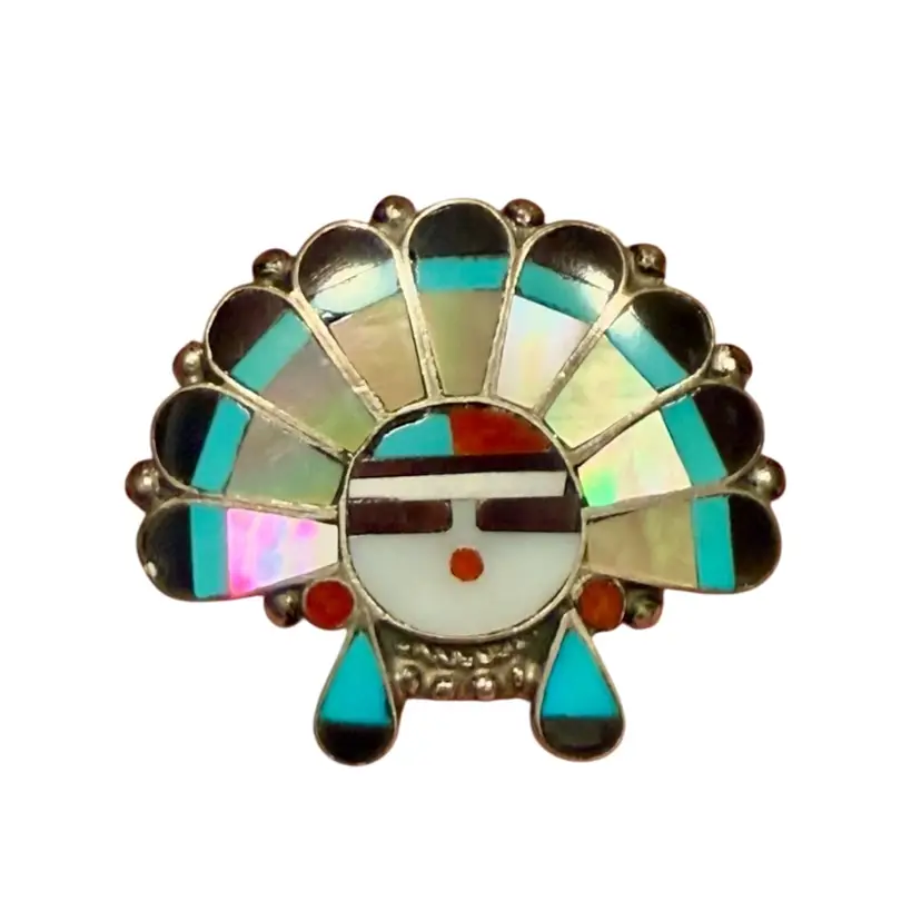Vintage J+M Zuni Signed Sunface Brooch Pendant 1.40” x 1.21”, 7.8g