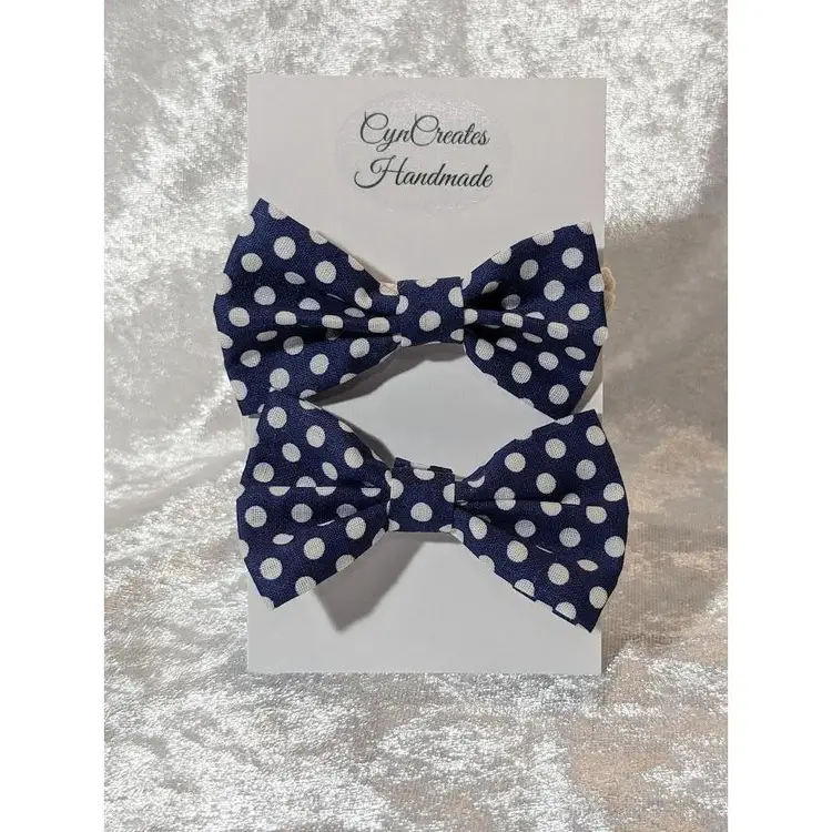 Pigtail Hair Bows - Toddler, Girls, Handmade, Navy Blue Polka Dots