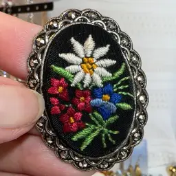 Black Embroidered Floral Brooch
