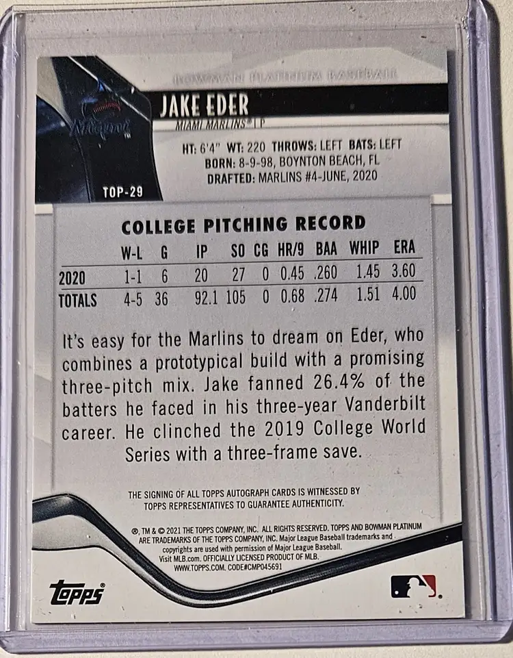 2021 Bowman Platinum Auto Jake Eder