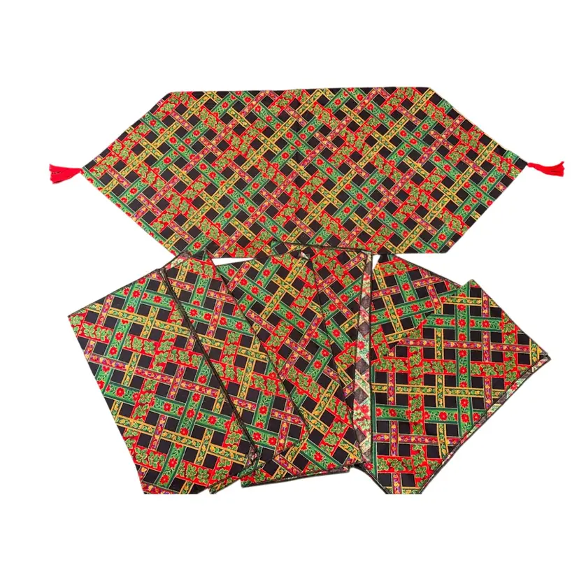 Christmas Poinsettia Short Table Runner & 6 Matching Napkins