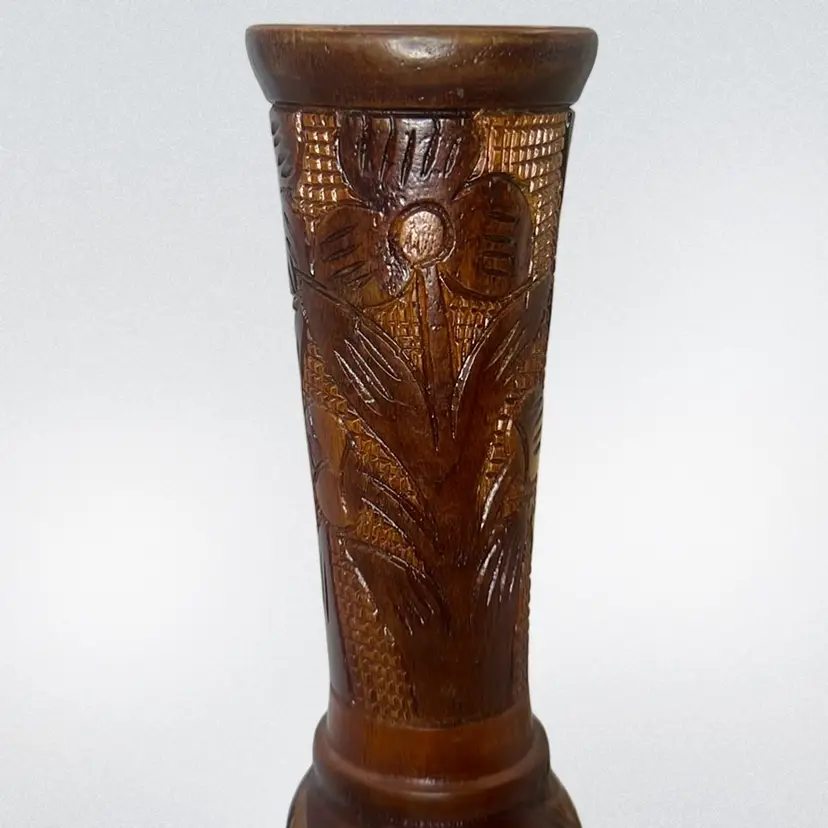 Hand Carved And Turned Wood Vase 10.75” Tall