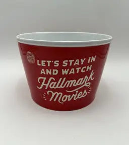 LAST CHANCE BEFORE DONATED: Hallmark Channel "Let’s Stay In & Watch Movies" Large Red Ceramic Popcorn Bowl