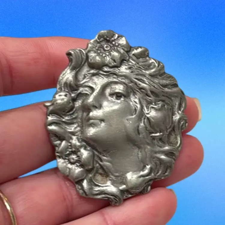 Vintage MCM Pewter Art Nouveau Style Lady Brooch Pendant 2”
