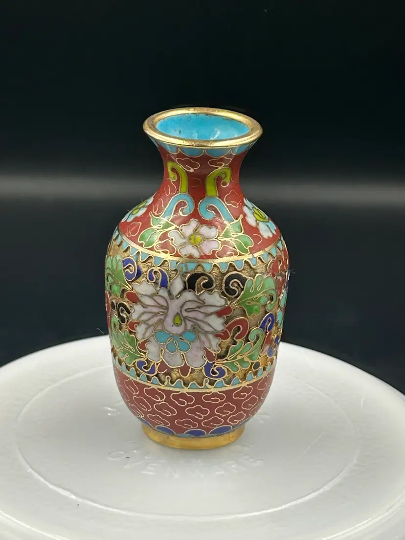 Small Cloisonne’ Orange Enamel With Colorful Flower Design And Gold Gilt