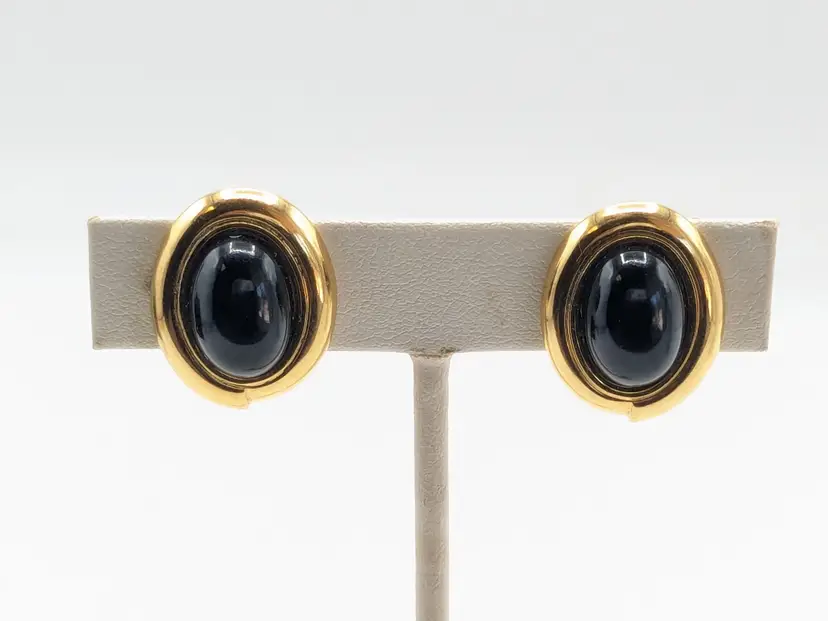 Vintage Monet Gold Tone Black Glass Cabochons Clip On Earrings