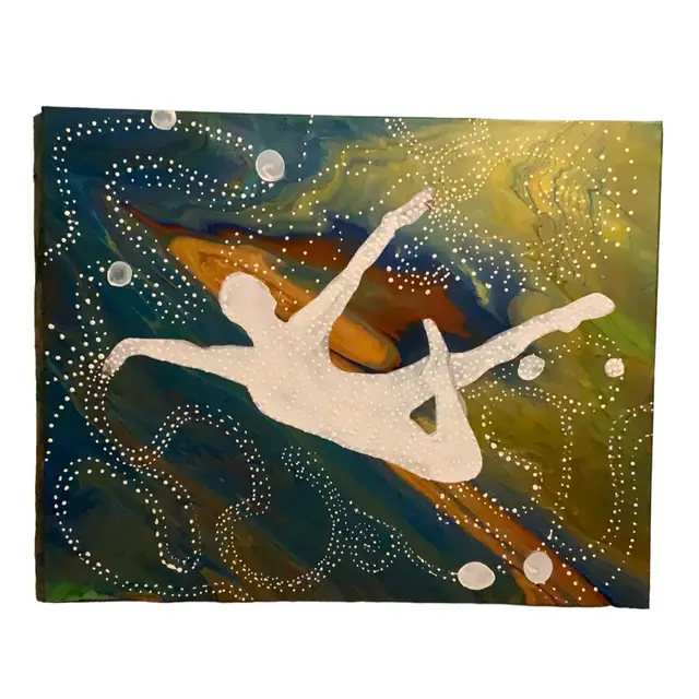 Z.   “Leaping Sun Center Of The Universe” Inspired By My Classmate Who Danced For The San Francisco Ballet While Attending Berkeley On 24” By 30” Canvas Original Art Signed By Artist