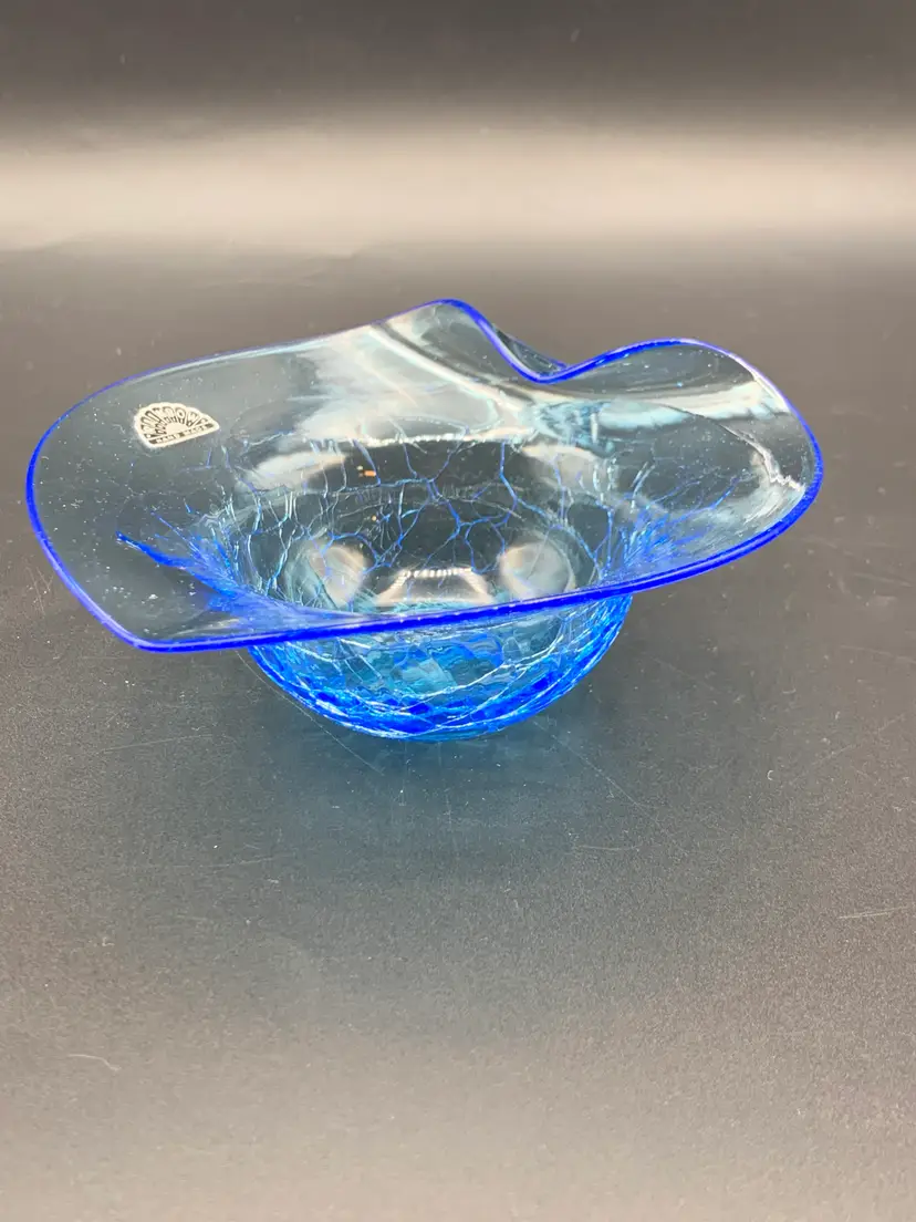 #40 - Rainbow Crackle Glass Hand Blown Ruffle Edge Collectible Art Dish 5.5”