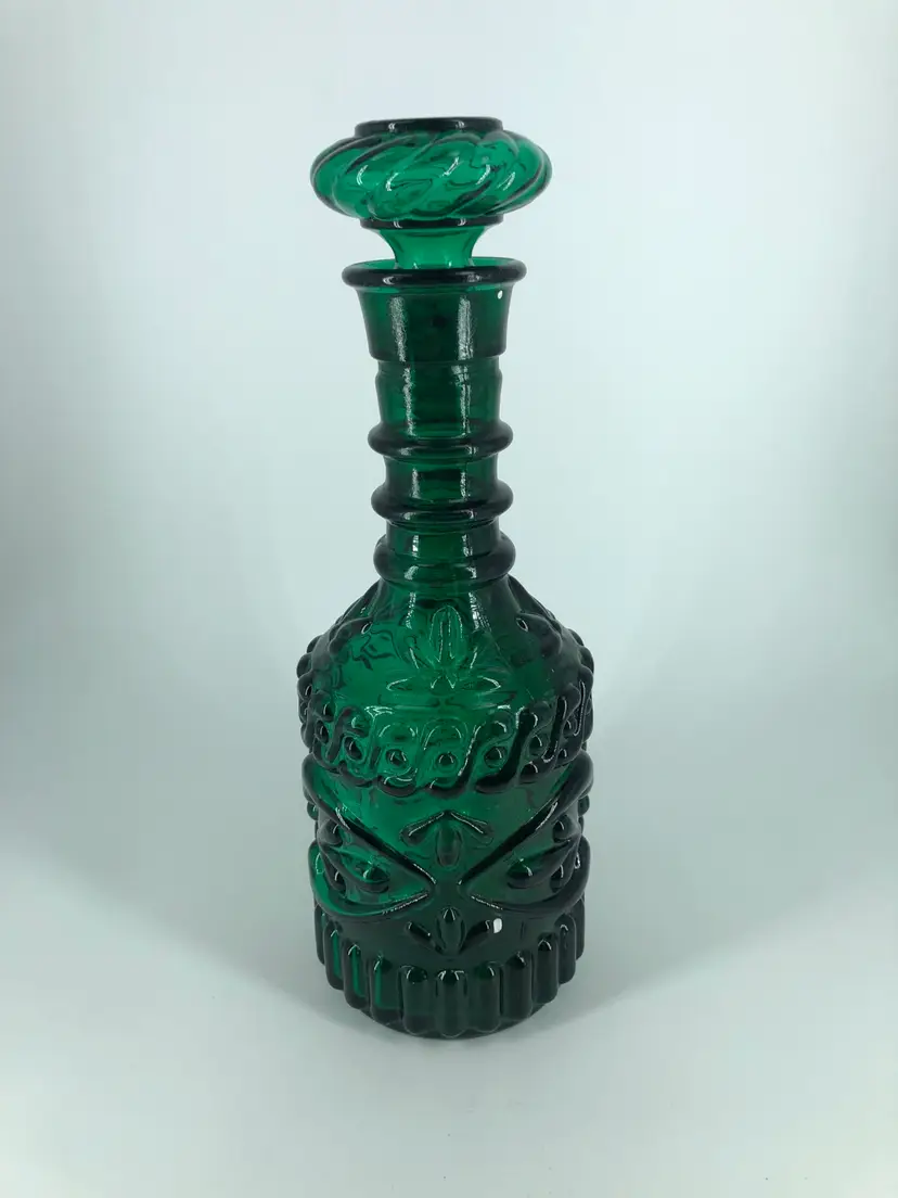 Vintage Green Glass Decanter Genie Bottle with Stopper