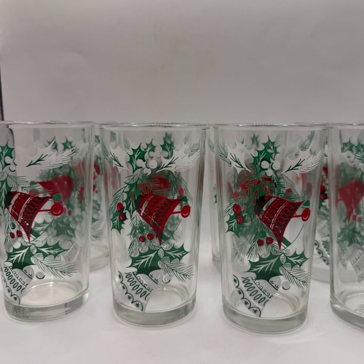 Set Of Eight Pristine Hazel Atlas Holly & Bells MCM Christmas Tumblers 5.25”