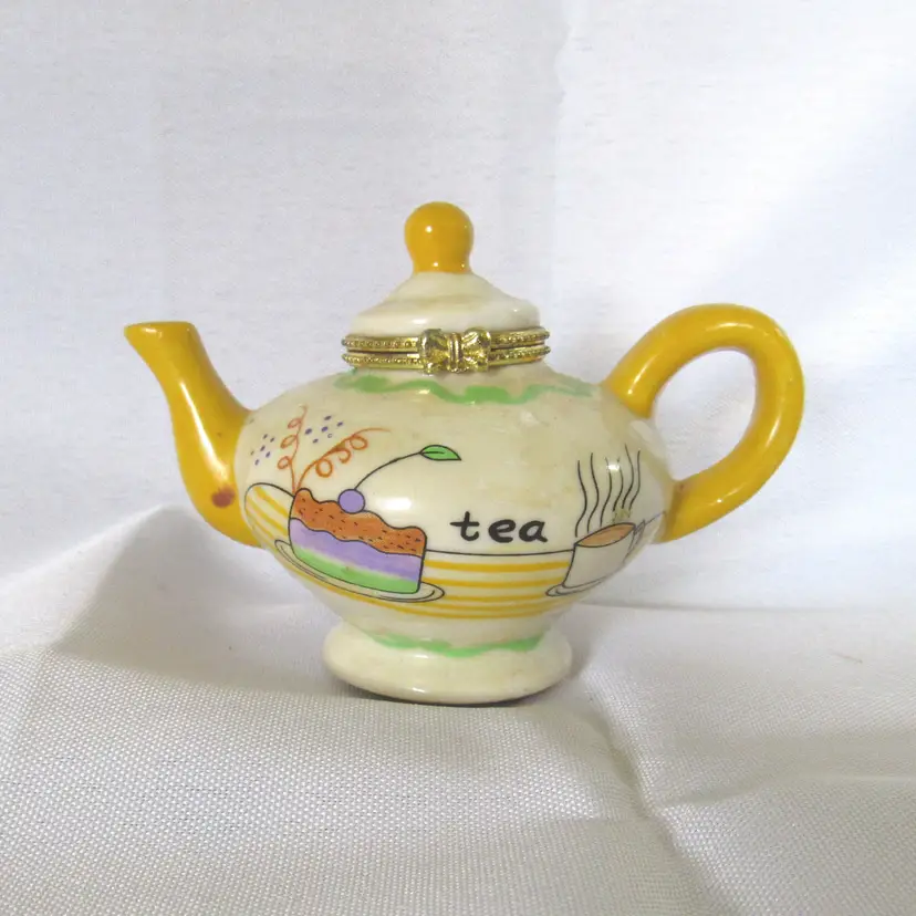 Vintage Teapot Yellow Handle Hinged Trinket Box Keepsake Collectible