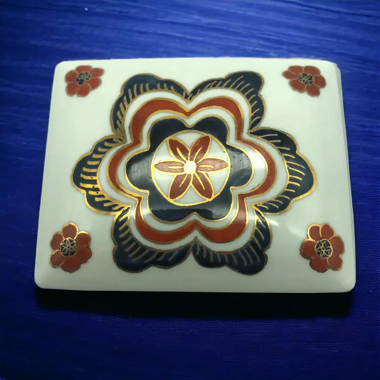 Porcelain Trinket Box Hong Kong Red Blue Gold 1970s 4.5" x 2.5" tall