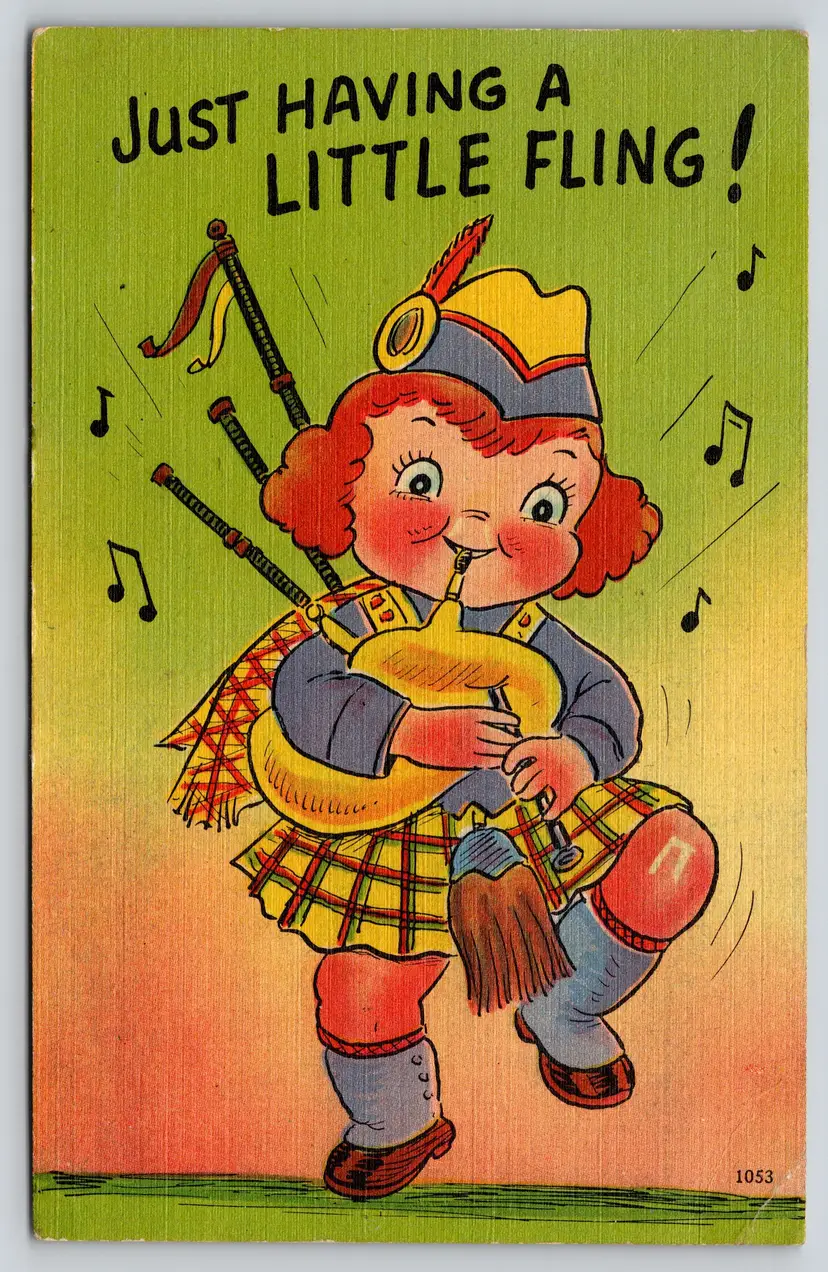 Postcard Just Having a Little Fling Ginger Child Playing the Bagpipes Linen - St Patrick's Day