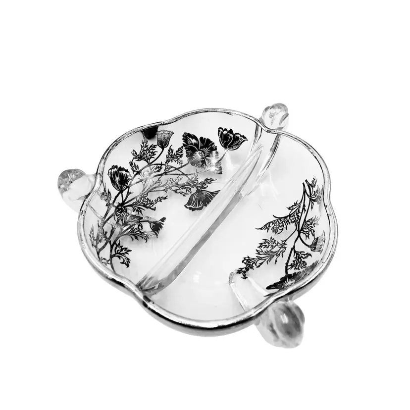 Vintage Divided 2 Section Dish 
Candy Condiment Nut Server 
Silver Overlay Glass Candy Dish
Silver City Serveware Collection
By Cambridge Glass 1940s
Flanders Poppies Pattern