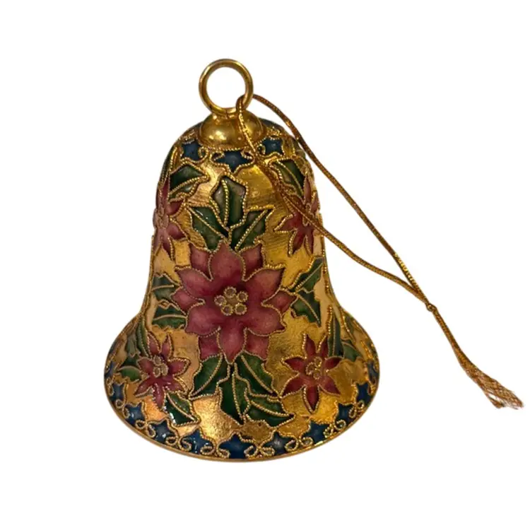 Vintage Gold Cloisonné Poinsettia Flowers Christmas Bell Ornament, 3.5”x 3”