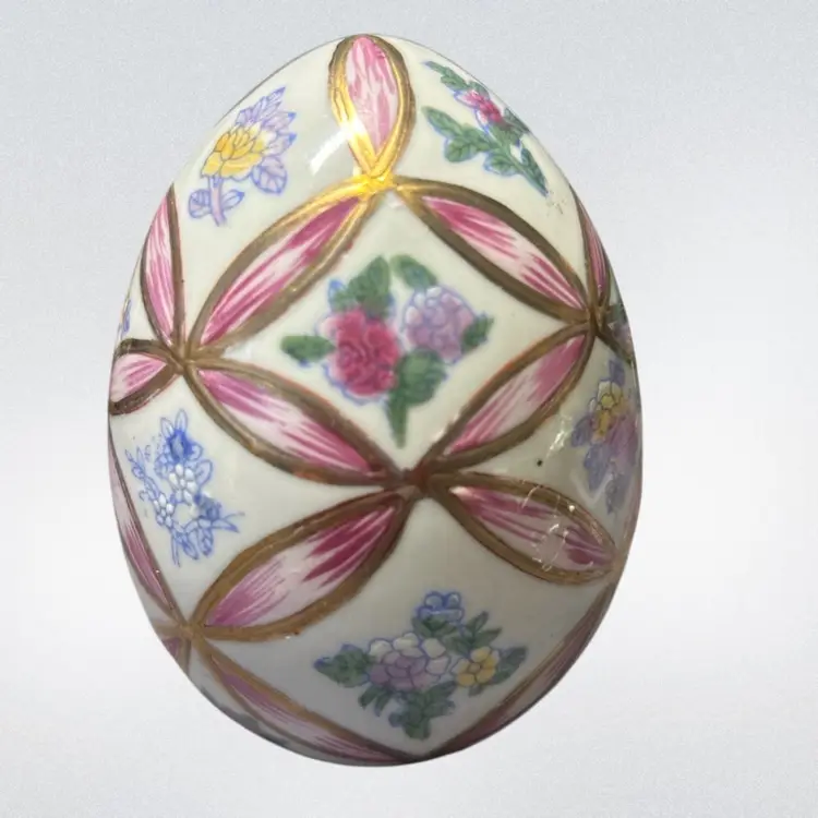 Hand-Painted Porcelain Decorative Egg with Floral Motifs & Gilt Accents | Vintage Easter Egg Decor | 4 1/2”
