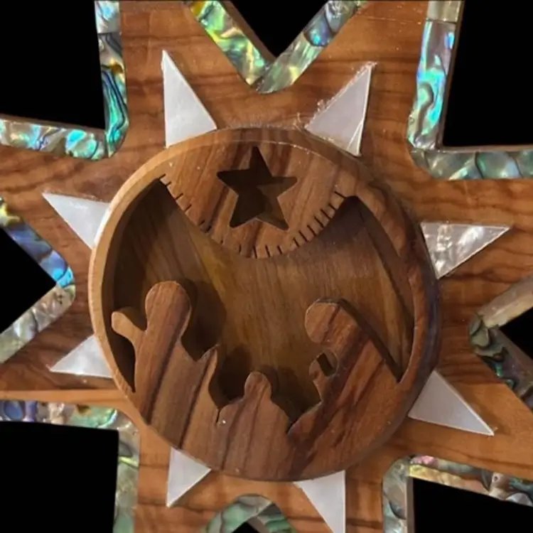 Vintage Olive Wood & Mother of Pearl Hand Carved Nativity Set In A Star Plaque