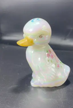Vintage Fenton Glass Duckling Opal Iridescent Handpainted Artist Signed Figurine