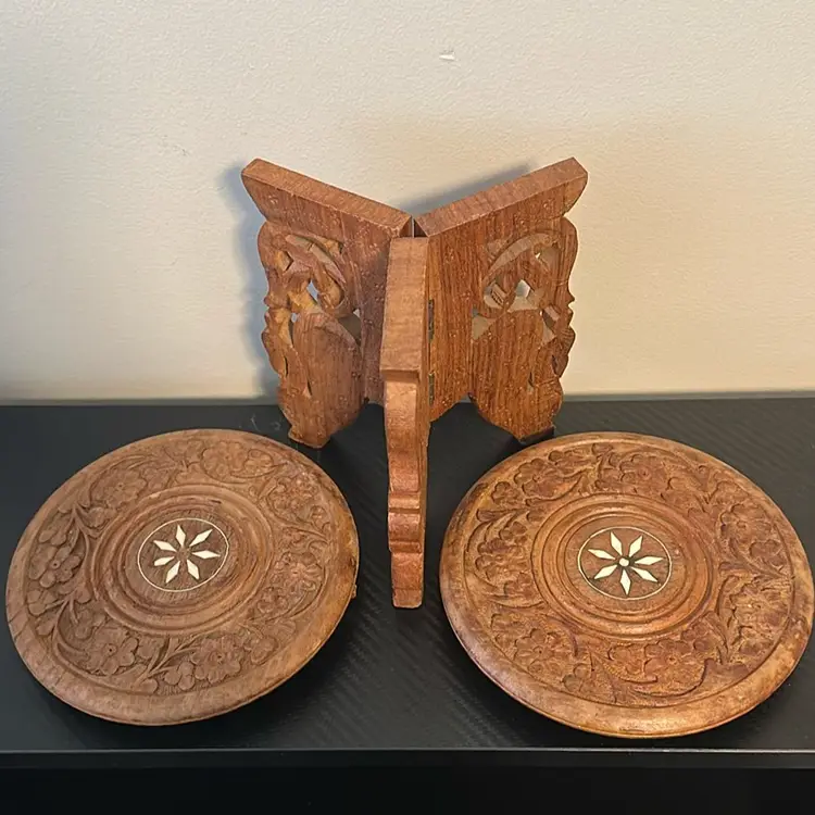 India Hand Carved Wood Plant Stand Table w/Inlay, Tripod Legs, 2 Tops
