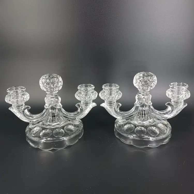 Heisey Provincial Whirlpool Crystal Clear Glass Candelabra Pair