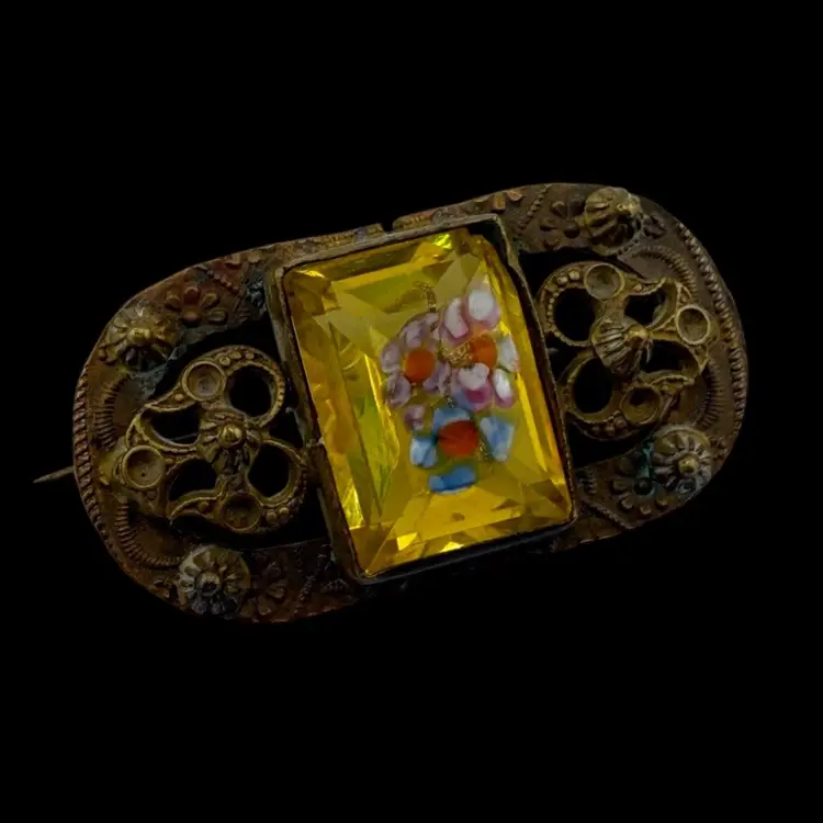 Antique Yellow Glass Stone Floral Art Nouveau UV Glow Brooch Pin 1 3/4 X 1"