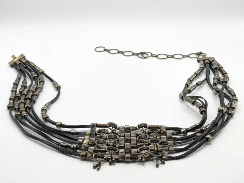 Vintage Multi-Strand Black Cord Belt with Metal Copper Color Accents Adjustable